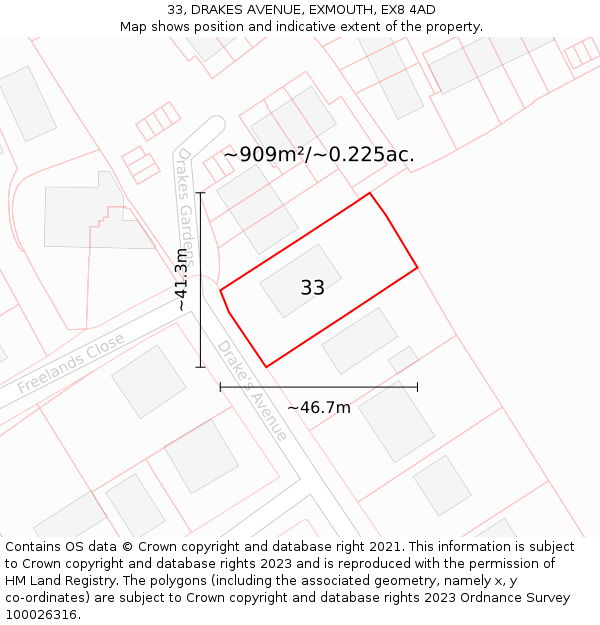 33, DRAKES AVENUE, EXMOUTH, EX8 4AD: Plot and title map