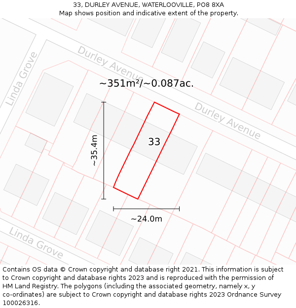 33, DURLEY AVENUE, WATERLOOVILLE, PO8 8XA: Plot and title map