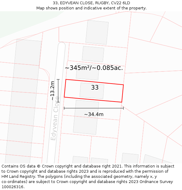 33, EDYVEAN CLOSE, RUGBY, CV22 6LD: Plot and title map