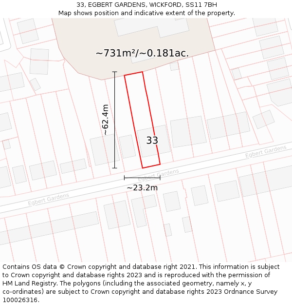 33, EGBERT GARDENS, WICKFORD, SS11 7BH: Plot and title map