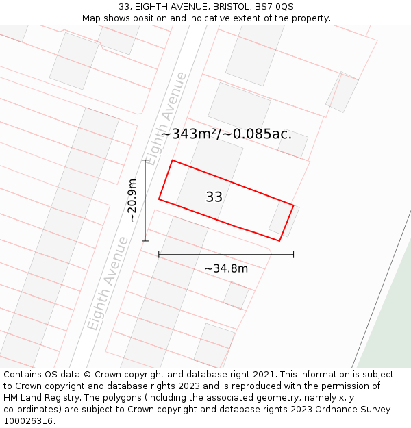 33, EIGHTH AVENUE, BRISTOL, BS7 0QS: Plot and title map