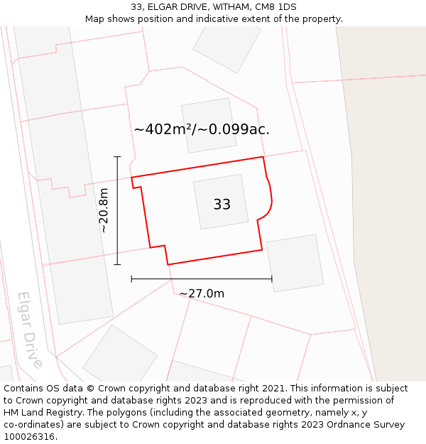 33, ELGAR DRIVE, WITHAM, CM8 1DS: Plot and title map