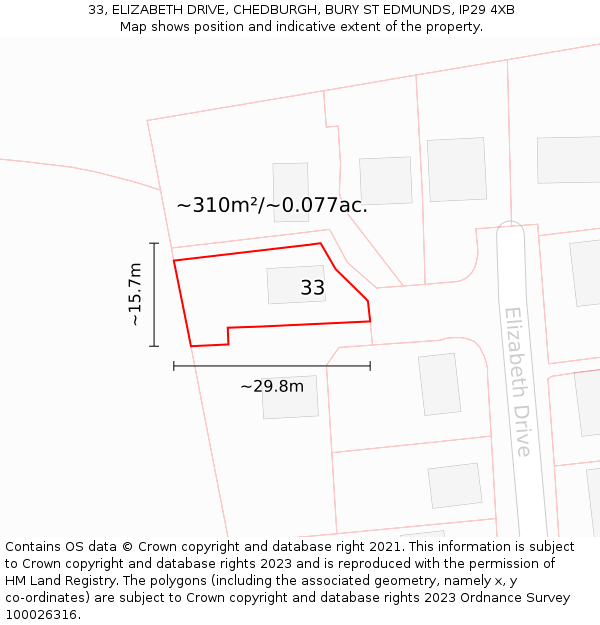 33, ELIZABETH DRIVE, CHEDBURGH, BURY ST EDMUNDS, IP29 4XB: Plot and title map