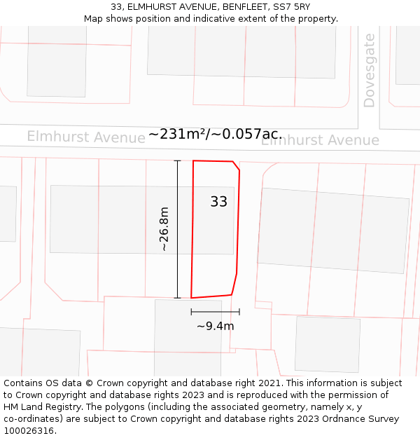 33, ELMHURST AVENUE, BENFLEET, SS7 5RY: Plot and title map