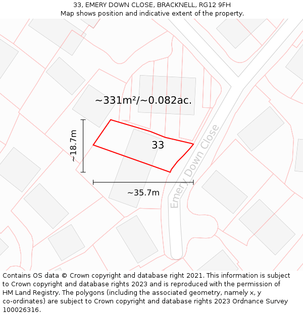 33, EMERY DOWN CLOSE, BRACKNELL, RG12 9FH: Plot and title map