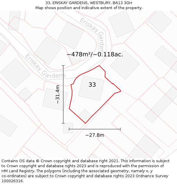 33, ERISKAY GARDENS, WESTBURY, BA13 3GH: Plot and title map