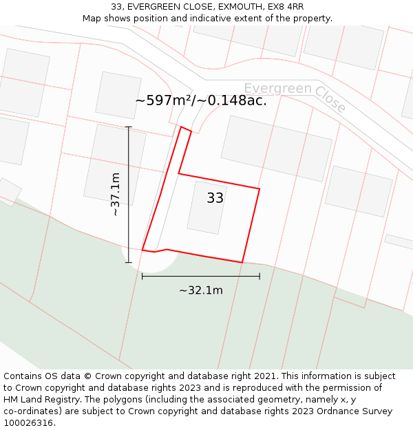 33, EVERGREEN CLOSE, EXMOUTH, EX8 4RR: Plot and title map