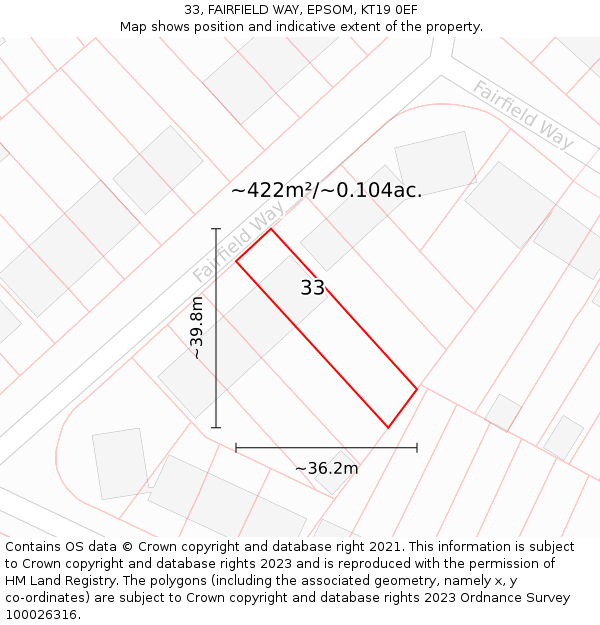 33, FAIRFIELD WAY, EPSOM, KT19 0EF: Plot and title map