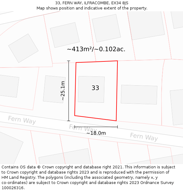 33, FERN WAY, ILFRACOMBE, EX34 8JS: Plot and title map