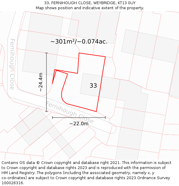 33, FERNIHOUGH CLOSE, WEYBRIDGE, KT13 0UY: Plot and title map