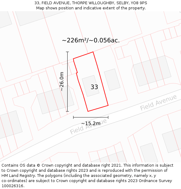 33, FIELD AVENUE, THORPE WILLOUGHBY, SELBY, YO8 9PS: Plot and title map