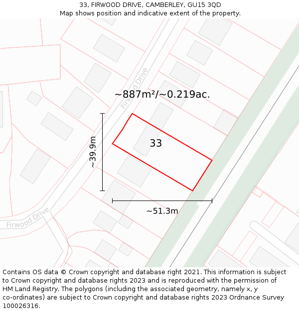33, FIRWOOD DRIVE, CAMBERLEY, GU15 3QD: Plot and title map
