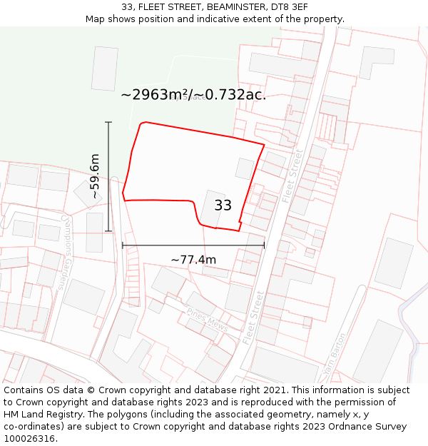 33, FLEET STREET, BEAMINSTER, DT8 3EF: Plot and title map