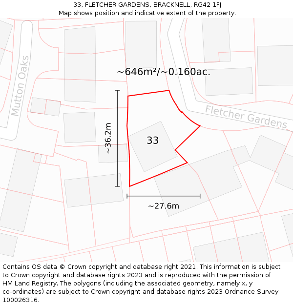 33, FLETCHER GARDENS, BRACKNELL, RG42 1FJ: Plot and title map