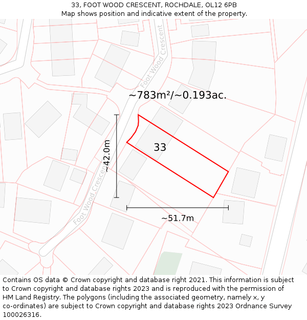 33, FOOT WOOD CRESCENT, ROCHDALE, OL12 6PB: Plot and title map