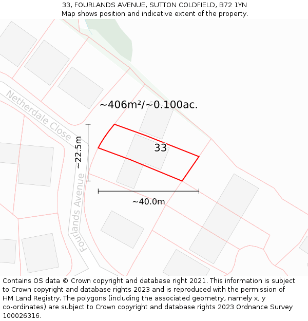 33, FOURLANDS AVENUE, SUTTON COLDFIELD, B72 1YN: Plot and title map