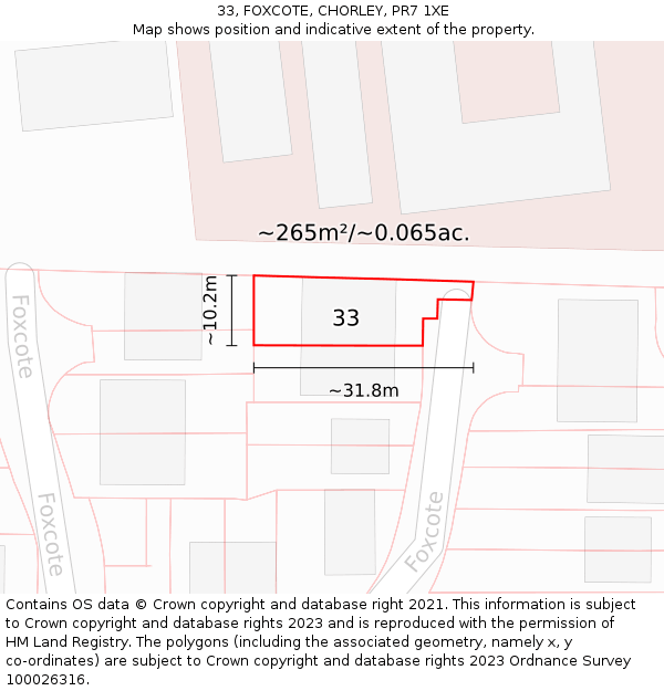 33, FOXCOTE, CHORLEY, PR7 1XE: Plot and title map