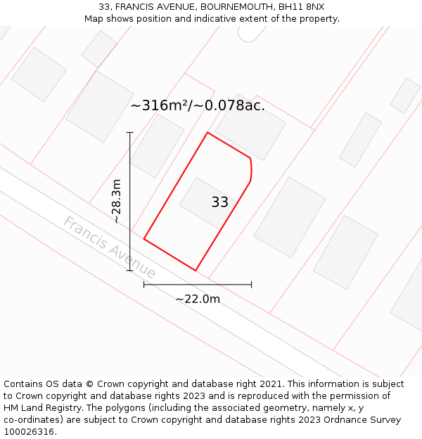 33, FRANCIS AVENUE, BOURNEMOUTH, BH11 8NX: Plot and title map