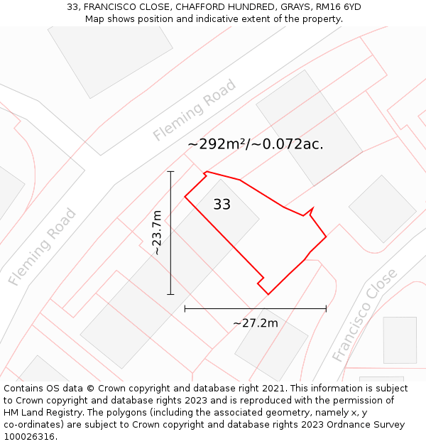 33, FRANCISCO CLOSE, CHAFFORD HUNDRED, GRAYS, RM16 6YD: Plot and title map