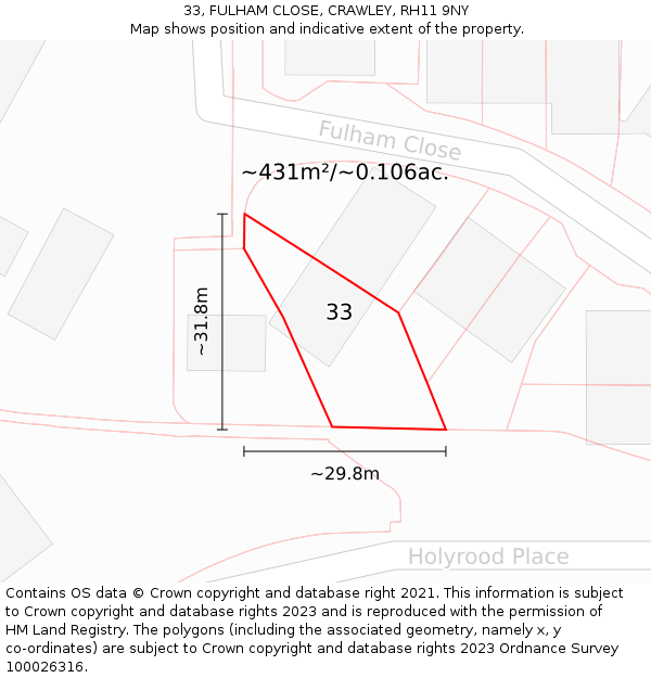 33, FULHAM CLOSE, CRAWLEY, RH11 9NY: Plot and title map