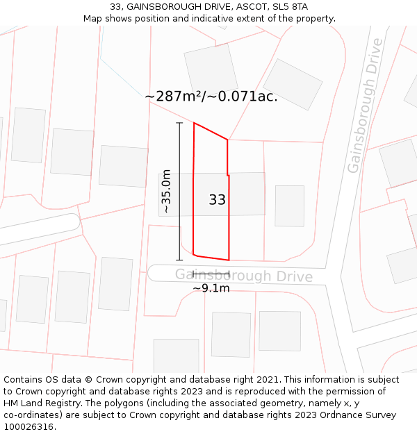 33, GAINSBOROUGH DRIVE, ASCOT, SL5 8TA: Plot and title map