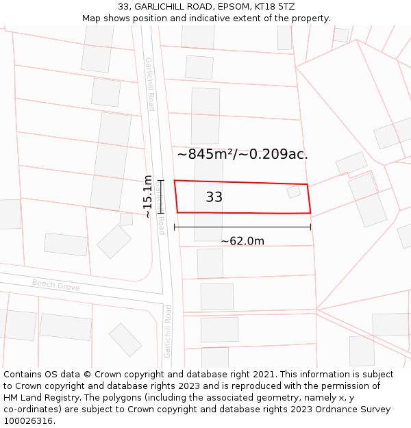 33, GARLICHILL ROAD, EPSOM, KT18 5TZ: Plot and title map