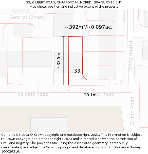 33, GILBERT ROAD, CHAFFORD HUNDRED, GRAYS, RM16 6NN: Plot and title map