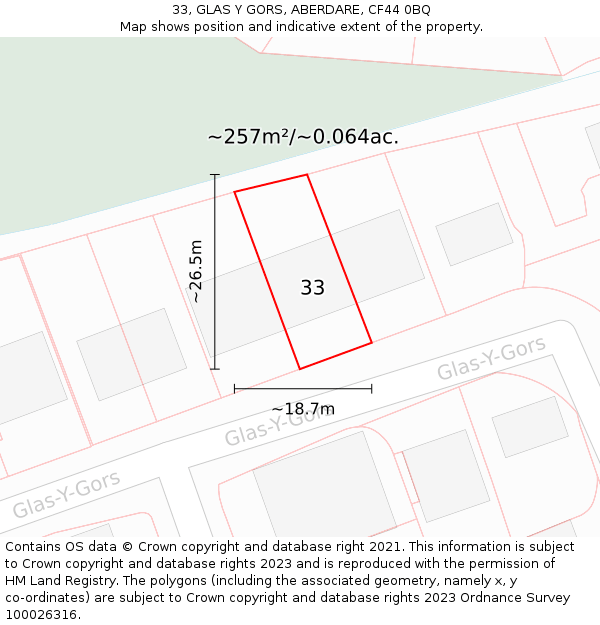 33, GLAS Y GORS, ABERDARE, CF44 0BQ: Plot and title map