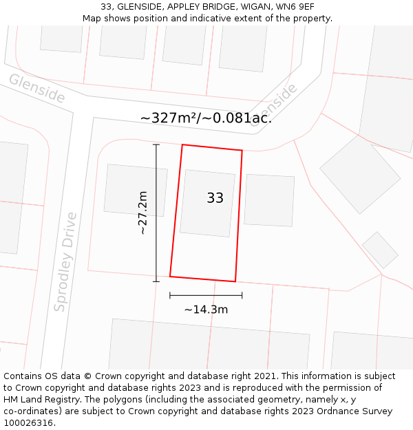 33, GLENSIDE, APPLEY BRIDGE, WIGAN, WN6 9EF: Plot and title map