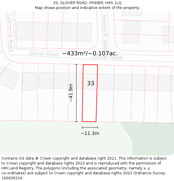 33, GLOVER ROAD, PINNER, HA5 1LQ: Plot and title map