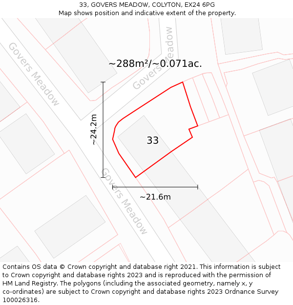 33, GOVERS MEADOW, COLYTON, EX24 6PG: Plot and title map