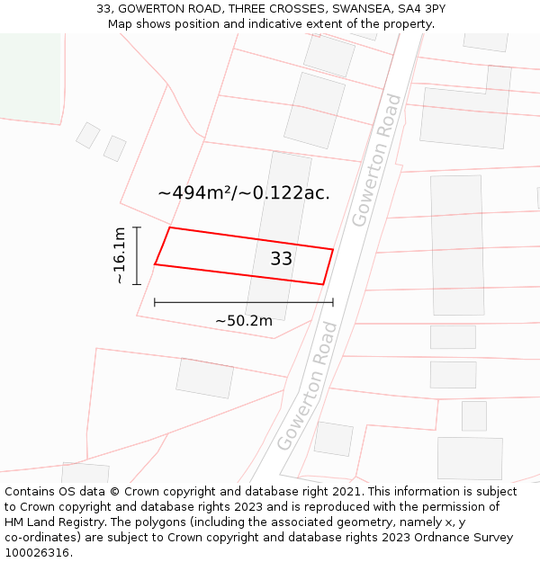 33, GOWERTON ROAD, THREE CROSSES, SWANSEA, SA4 3PY: Plot and title map