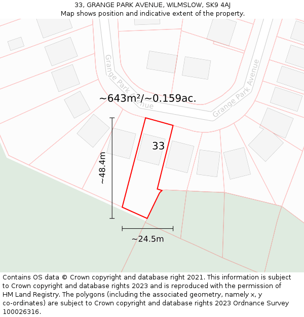 33, GRANGE PARK AVENUE, WILMSLOW, SK9 4AJ: Plot and title map
