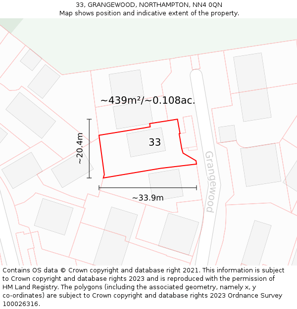 33, GRANGEWOOD, NORTHAMPTON, NN4 0QN: Plot and title map