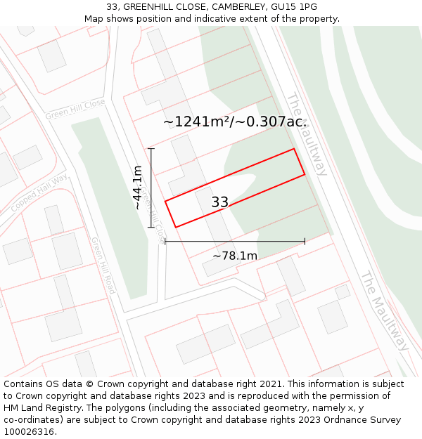 33, GREENHILL CLOSE, CAMBERLEY, GU15 1PG: Plot and title map