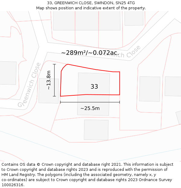 33, GREENWICH CLOSE, SWINDON, SN25 4TG: Plot and title map