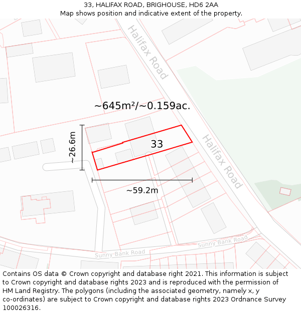 33, HALIFAX ROAD, BRIGHOUSE, HD6 2AA: Plot and title map