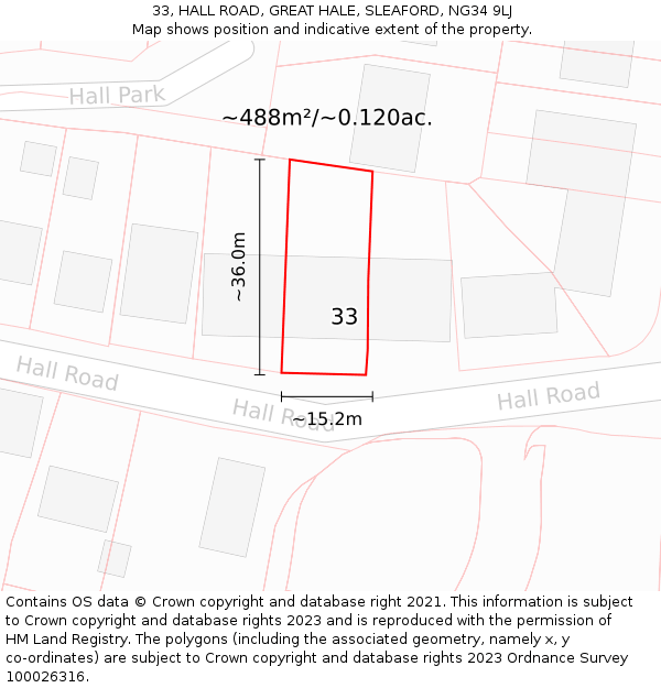 33, HALL ROAD, GREAT HALE, SLEAFORD, NG34 9LJ: Plot and title map