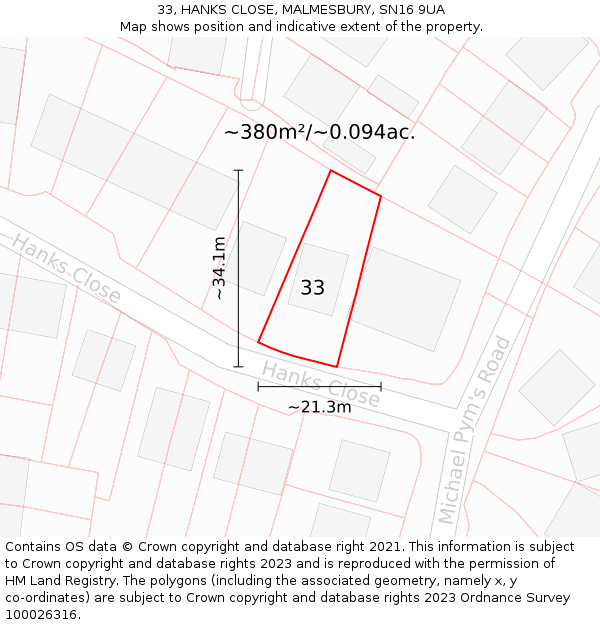 33, HANKS CLOSE, MALMESBURY, SN16 9UA: Plot and title map