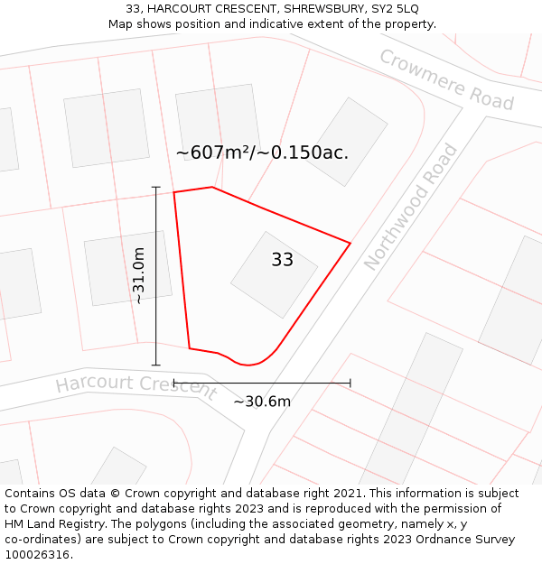 33, HARCOURT CRESCENT, SHREWSBURY, SY2 5LQ: Plot and title map