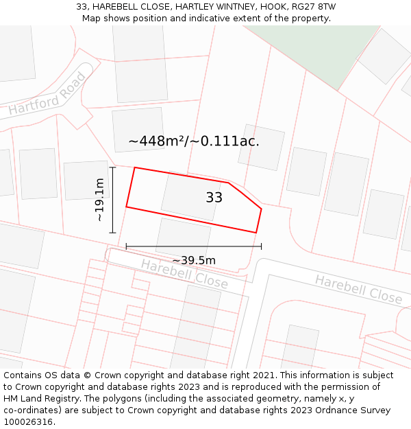 33, HAREBELL CLOSE, HARTLEY WINTNEY, HOOK, RG27 8TW: Plot and title map