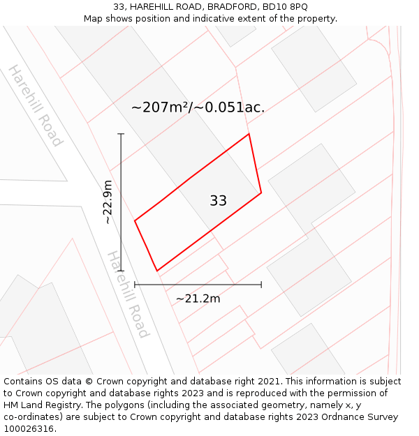 33, HAREHILL ROAD, BRADFORD, BD10 8PQ: Plot and title map