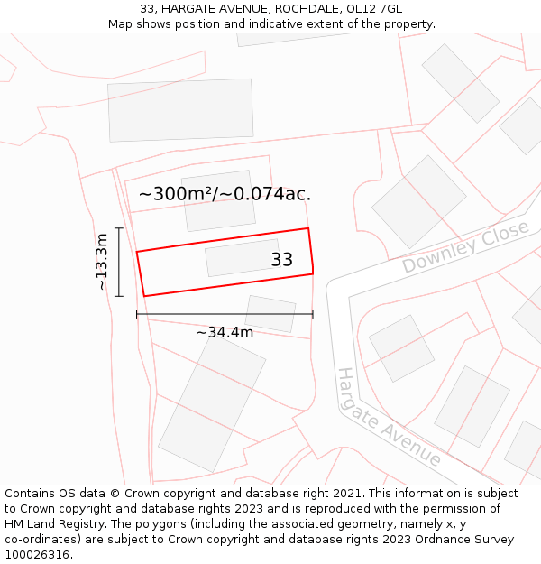 33, HARGATE AVENUE, ROCHDALE, OL12 7GL: Plot and title map