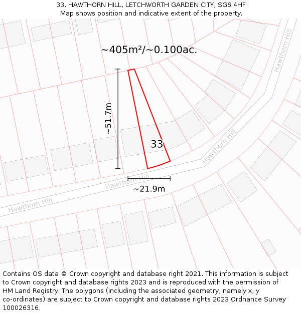 33, HAWTHORN HILL, LETCHWORTH GARDEN CITY, SG6 4HF: Plot and title map