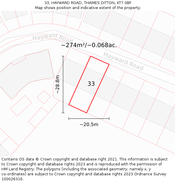 33, HAYWARD ROAD, THAMES DITTON, KT7 0BF: Plot and title map