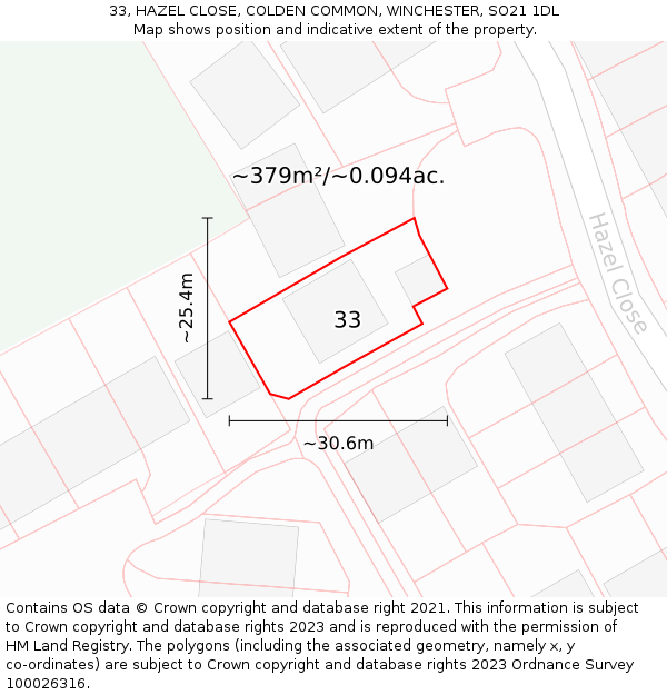 33, HAZEL CLOSE, COLDEN COMMON, WINCHESTER, SO21 1DL: Plot and title map