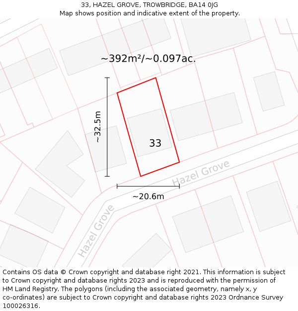 33, HAZEL GROVE, TROWBRIDGE, BA14 0JG: Plot and title map