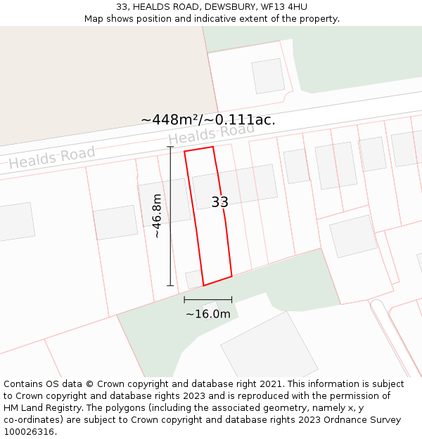 33, HEALDS ROAD, DEWSBURY, WF13 4HU: Plot and title map