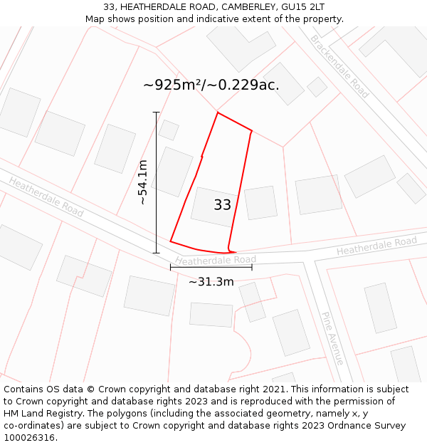 33, HEATHERDALE ROAD, CAMBERLEY, GU15 2LT: Plot and title map