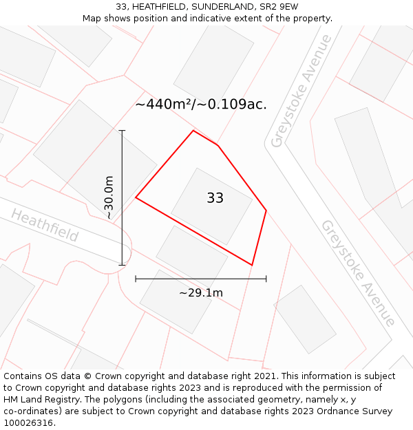 33, HEATHFIELD, SUNDERLAND, SR2 9EW: Plot and title map